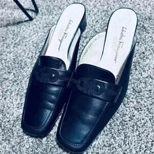 Salvatore Ferragamo Black Marcella Embroidered Double Gancini Logo Mule Flats